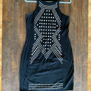 Black high neck midi dress with metal studs